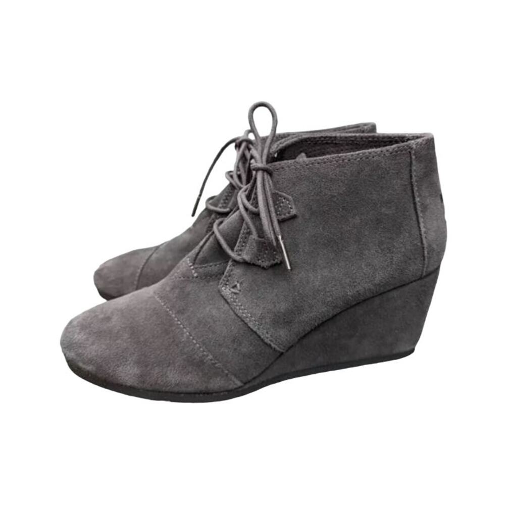 TOMS Gray Faux Suede Lace Up Casual Neutral Wedge Heel Bootie Shoe 8